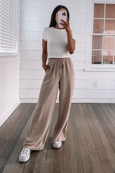 Discover Viral Linen Pants for Summer that blend comfort and style seamlessly. Pair these with girly summer outfits or use them as a chic white t-shirt outfit idea. White T Shirt Outfit, Girly Summer Outfits, Baddie Fashion, Pants For Summer, Pajamas Fashion, Home Wear Women, Home Wear Women Pajamas, Home Wear Women Casual, T Shirt Outfit