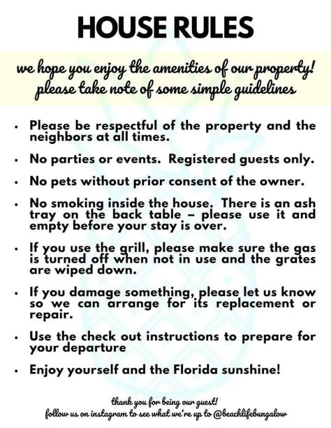 Hotel Rules For Guests, Vacation Rental Interior Design, Vacation Rental House Rules, Airbnb Signs Rules, Air Bnb Rules, Airbnb House Rules Printable, House Rules For Guests, Airbnb Business Plan, Airbnb Rules For Guests