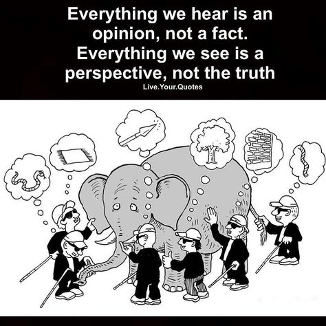 Blind men & a elephant is a story of a group of blind men who have never come across an elephant before learn and conceptualize what the elephant is like by touching it. Each blind man feels a different part of the elephant body but only one part such as the side or the tusk.  The moral of the parable is that humans have a tendency to project their partial experiences as the whole truth ignoring other people's partial experiences.  Life is all about perspective what you see depends not only on w White Nights, Biology Lessons, Daughter Quotes, An Elephant, What's App Status, Creative Writing, Memes Quotes, Beautiful Words, Kids Learning