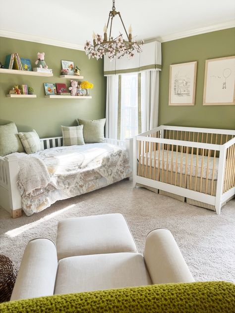 Green Winnie The Pooh Nursery, Day Bed Nursery Ideas, Nursery Day Bed, Day Bed In Nursery, Nursery With Daybed And Crib, Nursery With Bed, Nursery With Guest Bed, Nursery With Daybed, Nursery Daybed