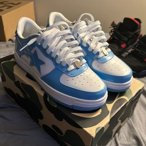 UNC Bapestas Blue Bapestas Outfit, Bapestas Outfit Men, Bape Dunks, Blue Bapestas, Bape Star, Bapesta Shoes, Ig Store, Bape Shoes, Painted Canvas Shoes