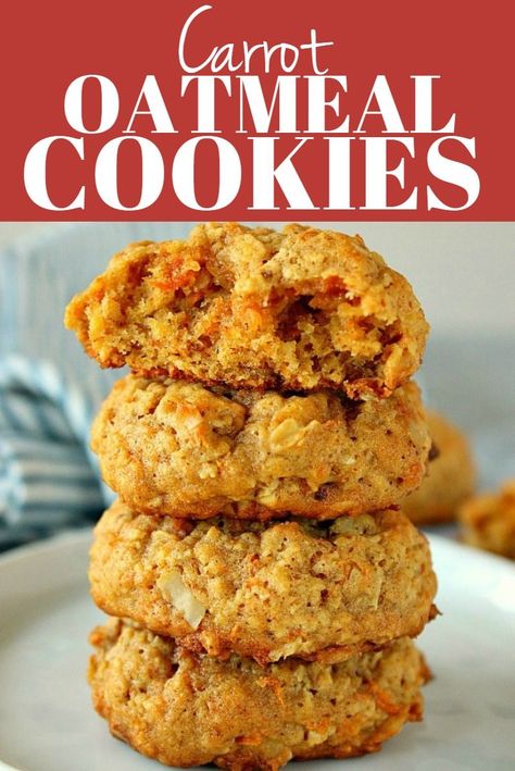 These Oatmeal Carrot Cookies are soft, delicious and taste like carrot cake! Serve plain or with cream cheese frosting! #cookies #oatmeal #baking Easy Oatmeal Carrot Cake, Baking With Carrots, Carrot Oatmeal Cookies, Oatmeal Carrot Cookies, Carrot Cookies Recipe, Healthy Carrot Cake Oatmeal Cookies, Carrot Cake Breakfast Cookies, Breakfast Carrot-cake Oatmeal Cakes, Oatmeal Cookies Easy