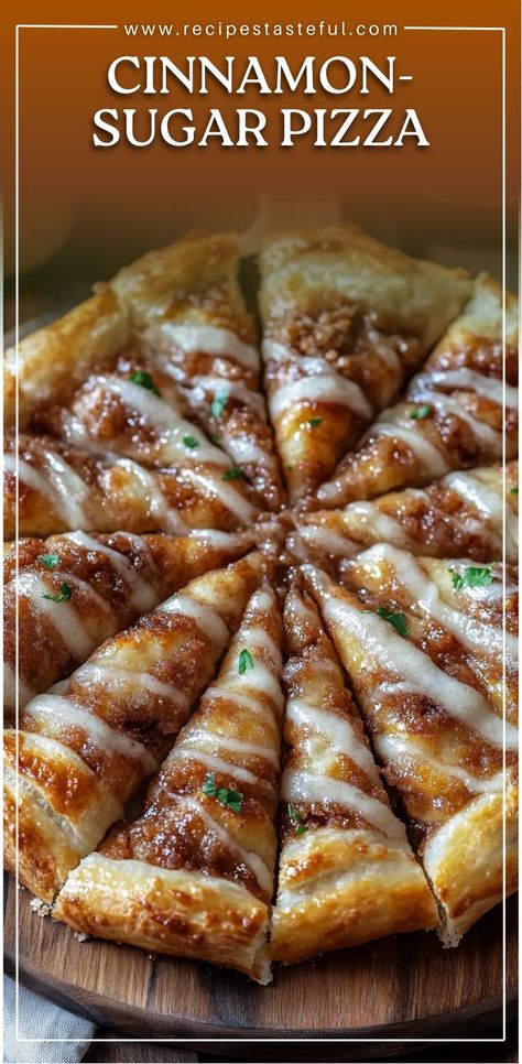 This Cinnamon-Sugar Pizza is a sweet and easy dessert made with a crispy crescent roll crust, topped with buttery cinnamon-sugar goodness, and drizzled with sweet icing. It’s a perfect treat for any time of the day—whether it’s a snack, an after-dinner dessert, or a fun twist on pizza night! Crescent Desserts, Crescent Roll Recipes Dessert, Crescent Roll Recipes Dinner, Crescent Roll Dessert, Crescent Roll Crust, Cinnamon Crescent Rolls, Crescent Roll Pizza, Crescent Roll Recipes, Dessert Pizza