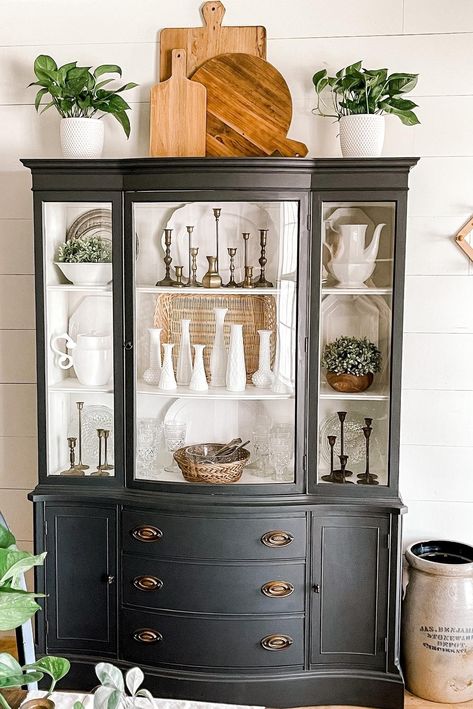 Dining Hutch Decor, Black China Cabinet, China Cabinet Decor, China Hutch Decor, China Cabinet Makeover, Antique China Cabinets, Dining Hutch, Redo Cabinets, Bread Boards