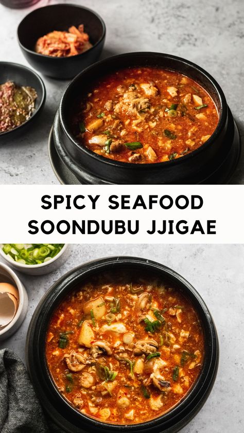 Bowls or Korean soft tofu soup or soondooboo jjigae Soft Tofu Soup, Soondubu Jjigae, Jjigae Recipe, Soft Tofu, Korean Soup, Tofu Soup, Silken Tofu, Frozen Seafood, Seafood Soup