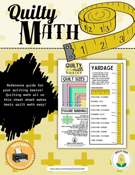 QUILT REFERENCE, Quilty Math Cheat Sheet, Instant Digital Download, Printable Cheat Sheet, Quilty Cobb - Etsy Quilt Games, Quilt Math, Quilting Basics, Math Cheat Sheet, Beginner Quilting Projects, Quilt Binding Tutorial, Quilt Planner, Quilting Math, Binding Tutorial