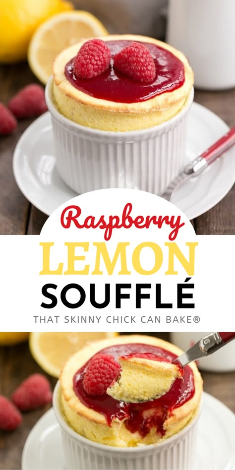 Suffle Recipe Chocolate, Ramekin Desserts, Lemon Souffle, Souffle Recipe, Citrus Desserts, Souffle Recipes, Chocolate Souffle, Single Serve Desserts, Raspberry Sauce