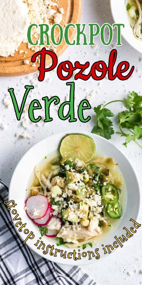 Slow cooker chicken pozole verde is the Mexican version of chicken soup. So easy! Crockpot Pozole, Chicken Pozole Verde Recipe, Posole Verde Recipe, Easy Pozole Recipe, Pasole Recipe, Chicken Pozole Verde, Posole Recipe Chicken, Chicken Pozole Recipe, Pozole Verde Recipe