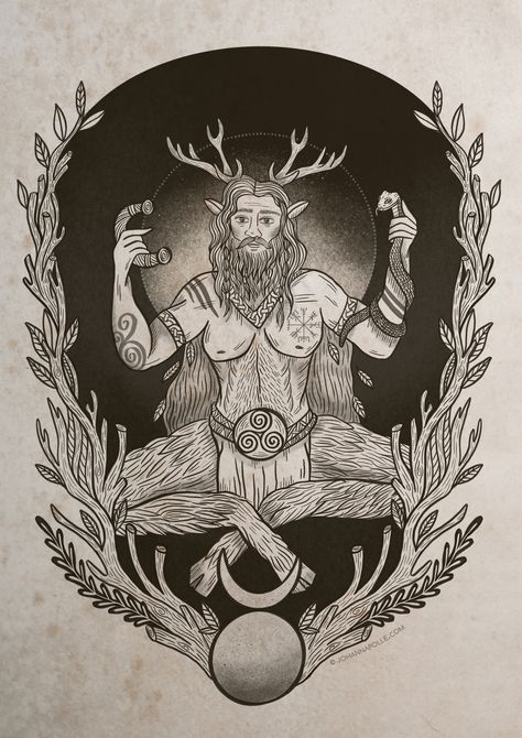 Cernunnos Horned God Wicca Pagan Witch Illustration Heathen Goddess Triple Witchy Aesthetic Nature Horned God Aesthetic, Cernunnos Aesthetic, Cernunnos Mythology, Triple Goddess And Horned God, Horned God Art, Cernunnos Tattoo, Pagan Gods And Goddesses Art, Johanna Polle, Cernunnos Art