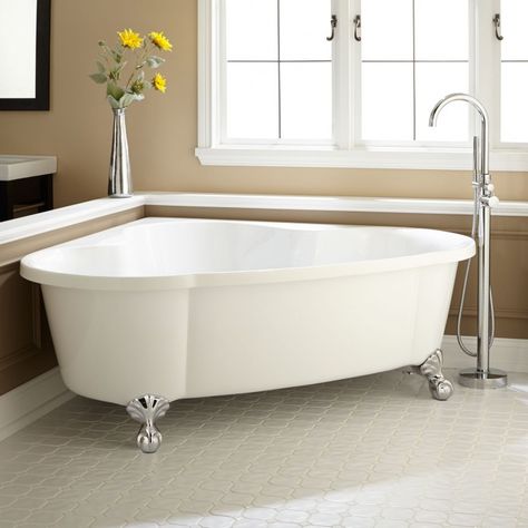 GASP!!! I don't have to sacrifice size to get claw feet!!! @wesseldave Corner Tub Shower, Bath Tub Ideas, Small Shower Remodel, Freestanding Tubs, White Tub, Corner Bath, Bathtub Remodel, Freestanding Tub Filler, Corner Tub