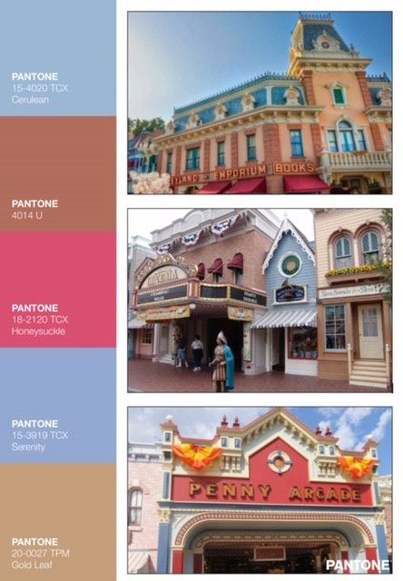 Pantone color palette inspired by Disneyland's Main Street, U.S.A. Disney Color Palette, Pantone Color Palette, Disney Attire, Disneyland Main Street, 20th Century Music, Disneyland Food, Pantone Colour Palettes, A Ladybug, Anaheim California