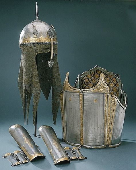 Persian khula-khud (helmet), char-aina (chahar-aina, chahar a’ineh), literally the four mirrors, chest armor with four plates, bazu band (vambrace/arm guards). Persian Armour, Chest Armor, Chainmail Armor, Arm Guards, Armor Clothing, Ancient Armor, Historical Armor, Arm Armor, Medieval Armor