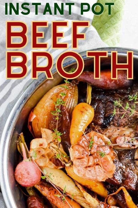 Instant Pot beef broth is first roasted with hearty veggies, then pressure cooked to perfection in the Instant Pot. With this recipe, you'll get roasted beef AND broth for recipes to come! Beef Stock Instant Pot, Instant Pot Beef Stock, Beef Broth Recipes Instant Pot, Beef Bone Broth Soup Recipes Instant Pot, Beef Broth Instant Pot, Beef Bone Broth Instant Pot, Instant Pot Broth, Broth In Instant Pot, Make Beef Broth