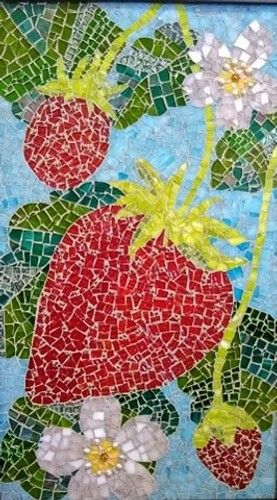 Mosaic glass. #mosaicart Strawberry Mosaic Art, Strawberry Mosaic, Stained Glass Mosaic Window, Mosaic Window, Mountain Crafts, Garden Pavers, Strawberry Kitchen, Inspo Art, Mosaic Tile Art