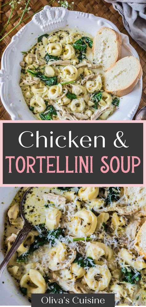 If you're looking for crock pot soup recipes, you have to try this creamy chicken and tortellini soup! Made with packaged tortellini, this easy crock pot dinner is the ultimate Fall comfort food dinner! If you're looking for tortellini soup recipes, or just slow cooker soup recipes to include in your weekly meal plan, this savory and creamy dish is perfect for you. Whether it's a simple weeknight dinner or set-it-and-forget-it weekend meal, this is sure to satisfy all of the picky eaters! Chicken And Tortellini Soup, Chicken Tortellini Soup Crock Pot, Tortellini Soup Recipes, Easy Crock Pot Dinner, Crock Pot Soup Recipes, Creamy Chicken Tortellini Soup, Creamy Chicken Tortellini, Crock Pot Tortellini, Crock Pot Dinner