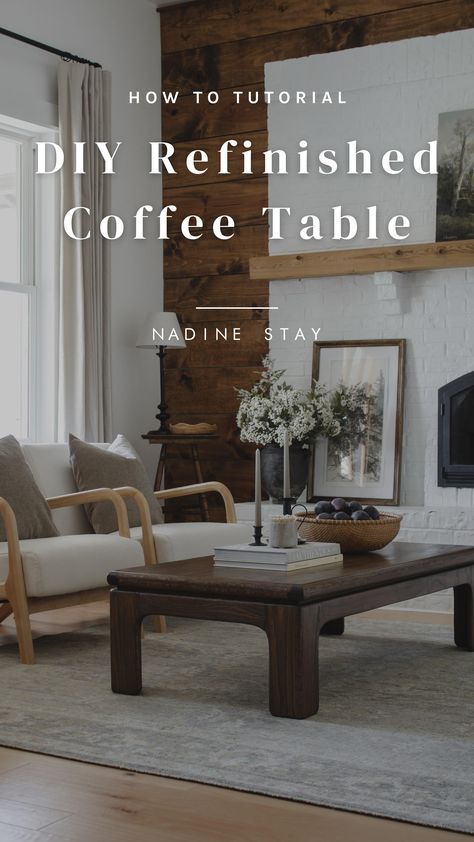 Refinishing Coffee Table Ideas, Vintage Coffee Table Makeover, Oak Coffee Table Makeover, Refinish Coffee Table, Refinished Coffee Table, Mixing Wood Tones, Elevated Cabin, Living Room Palette, Asian Coffee Table