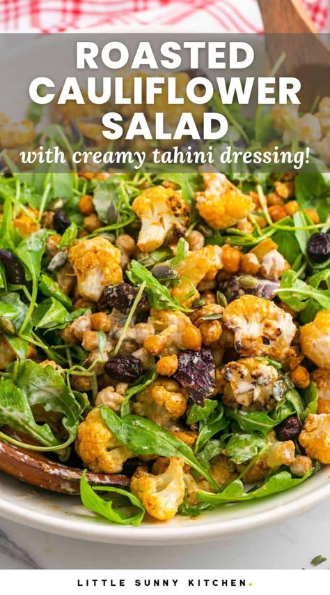 Healthy roasted cauliflower salad is smoky and savory with a bright lemony tahini dressing and is the perfect cold-weather salad. Healthy Roasted Cauliflower, Tahini Salad Dressing, Winter Salads, Roasted Cauliflower Salad, Classic Salad, Warm Salad, Herb Salad, Cauliflower Salad, Winter Salad