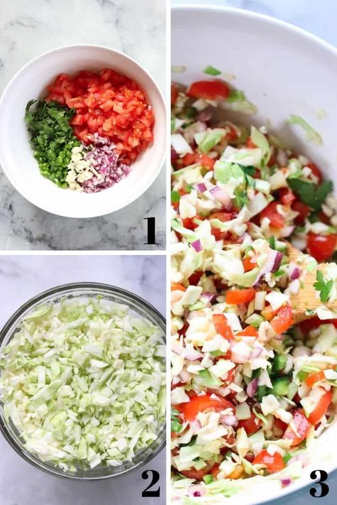 This restaurant style Cabbage salsa (aka cabbage pico de gallo) is an easy and delicious way to top your tacos, dress up your chips game, or add a nice addition to any Mexican meal! This authentic recipe is only lightly spicy, but you can amp it up with more chilies if you like! Dressed with lemon or lime juice and seasoned salt. #salsarecipe Cabbage Salsa Recipe, Mexican Cabbage Salsa, Mexican Cabbage, Cabbage Salsa, Coleslaw Recipe, Fresh Salsa, Cabbage Slaw, Cabbage Salad, Green Cabbage