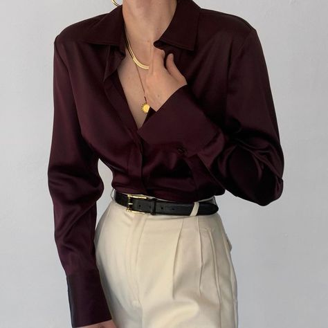 Aubergine Outfit, Deux Birds, Autumn Academia, Elegant Black Dress, Silk Button Up, Vintage Inspired Outfits, Vintage Ralph Lauren, Silk Charmeuse, Scarf Set