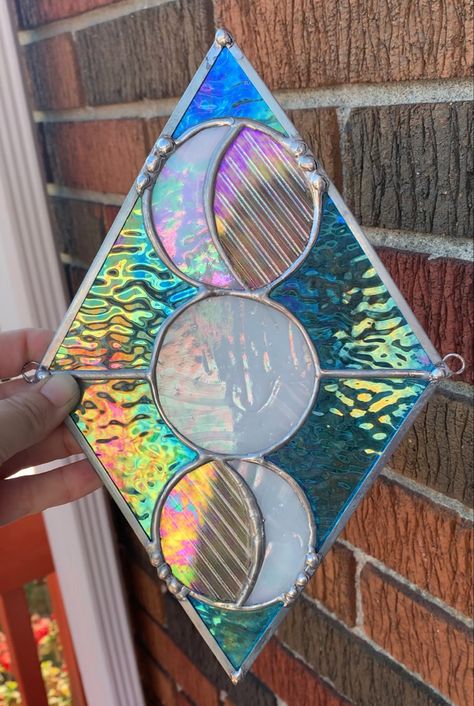 Blue iridescent rippled glass art with moon phase Stained Glass Northern Lights, Moon Stained Glass Patterns, Moon Stained Glass Art, Moon Phases Art, Stained Glass Sun, Stained Glass Patterns Free, Glass Diy, Mosaic Ideas, Stained Glass Diy