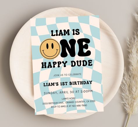 One Happy Dude Birthday, Retro Invitation, One Happy Dude, 1st Birthday Invite, Orange Country, 21st Birthday Invitations, Blue Checkered, 1st Birthday Invitations, Birthday Invite