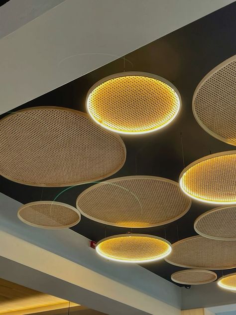 Cafe Lighting Design, Resturant Lighting, Chilis Restaurant, Draped Ceiling, Sketch Restaurant, Wall Hanging Planters, Mexican Restaurant Decor, Rattan Ceiling, Retail Store Interior Design