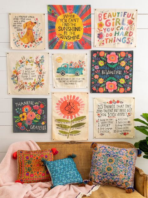 Cute Wall Hangings Quotes, Mini Canvas Wall Decor, Tapestry Wall Decor, Fun Wall Art Living Room, How To Hang Canvas On Wall, Wall Hanging Quotes Diy, Bright Tapestry, Cloth Wall Hangings, Dorm Canvas Art