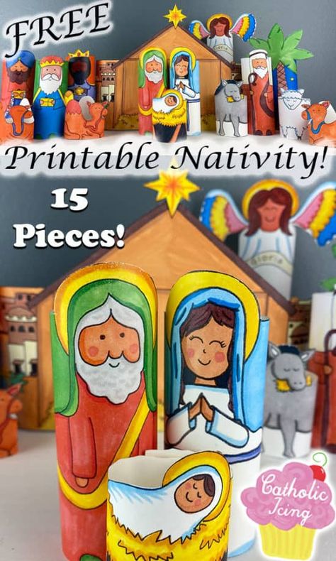 This free printable nativity craft is perfect for celebrating the true meaning of Christmas with kids! There are 15 pieces including the holy family, an angel, the 3 Magi, a shepherd with 2 sheep, the stable, a palm tree, and even 3 camels and a donkey! You don't want to miss this Christmas freebie! #jesusisthereason #keepchristinchristmas #nativity #nativycraft #christmas #christmascraft #christiankids #freeprintable Printable Nativity Scene, Nativity Printables, Christmas With Kids, Printable Nativity, Nativity Scene Crafts, Nativity Craft, Christmas Sunday School, Christmas Freebie, Catholic Crafts