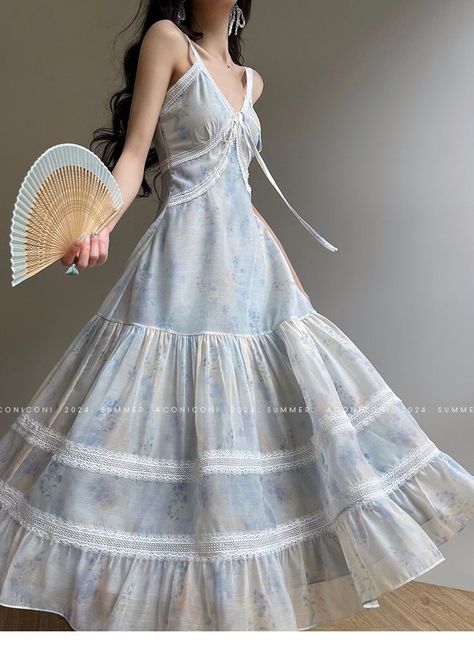 New!! ✨ Aconiconi｜Bluebell Iris French Lace Suspender Dress 🦋 Blue Iris, Long Holiday, Lace Blue Dress, Summer Is Coming, Romantic Look, Color Pairing, Suspender Dress, Blue V, French Lace