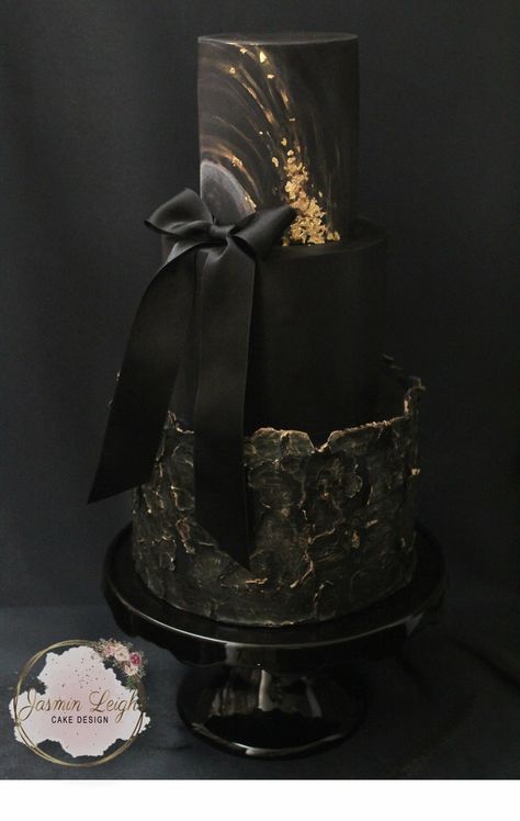 3 tier black cake with weathered fondant look on base tier Cake Marble Design, Wedding Cakes Red, Wedding Cakes Fondant, Cake Mix Pancakes, Cake Marble, Tire Cake, Black Wedding Cake, Debut Theme, Black And Gold Cake