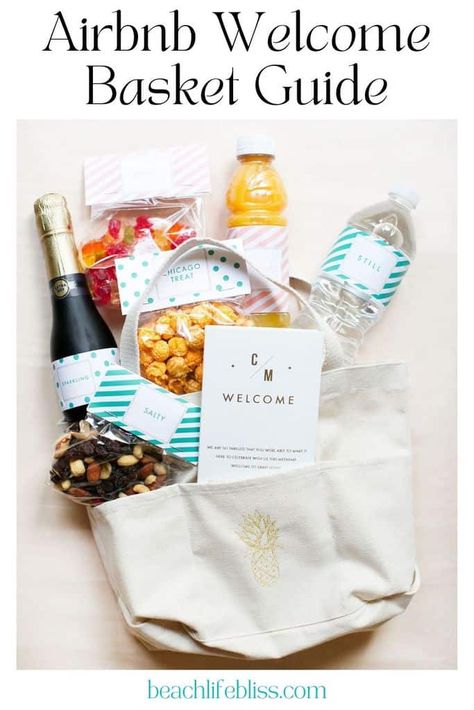 7 Airbnb Welcome Basket Ideas People Will Actually Use Destination Wedding Etiquette, Wedding Guest Gift Bag, Wedding Guest Etiquette, Guest Gift Bags, Welcome Basket, Welcome Baskets, Destination Wedding Welcome Bag, Welcome Bag, Wedding Etiquette