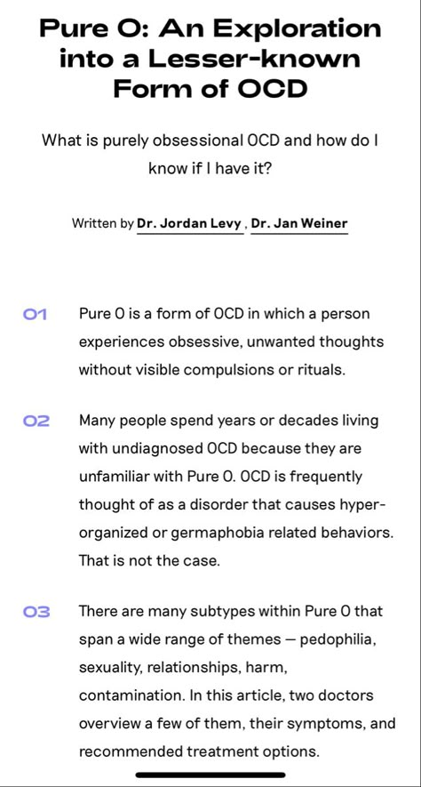 Several sub-types of Pure-O ***LISTS EXAMPLES** **SO-OCD —> "What if I have been unconsciously gay all along and I just don't know it yet?” **ROCD :  “What if I don’t really love my partner? **HARM OCD—> “…driving with a friend when she observes an intrusive thought about impulsively driving into a tree.” Intrusive Thoughts Art, Pure Obsessional Ocd, Intrusive Thought Quotes, Ocd Facts, Neurodivergent Characters, Pure O Ocd, Ocd Intrusive Thoughts, Therapy Modalities, Ocd Thoughts