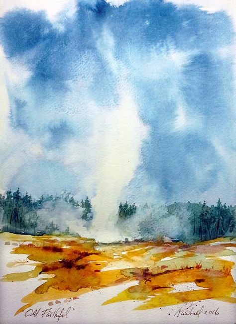 Old Faithful (watercolor from  trip to Yellowstone) by Barbara  Kimball Yellowstone Watercolor Paintings, Yellowstone National Park Watercolor, Yellowstone Watercolor, Yellowstone Painting, Drawing 101, Water Paintings, Watercolor Sketching, Paintings Landscape, Minimalist Watercolor