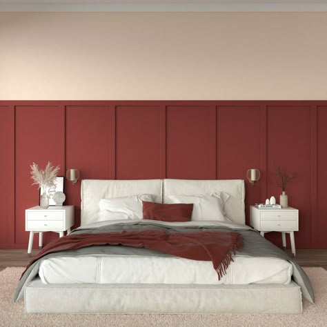 Burgundy Board And Batten Wall, Dark Red Accent Wall Bedroom, Red Feature Wall Bedroom, Red And Beige Bedroom Ideas, Burgundy Bedroom Color Scheme, Oxblood Bedroom, Burgundy Accent Wall Bedroom, Maroon Accent Wall, Deep Red Bedroom