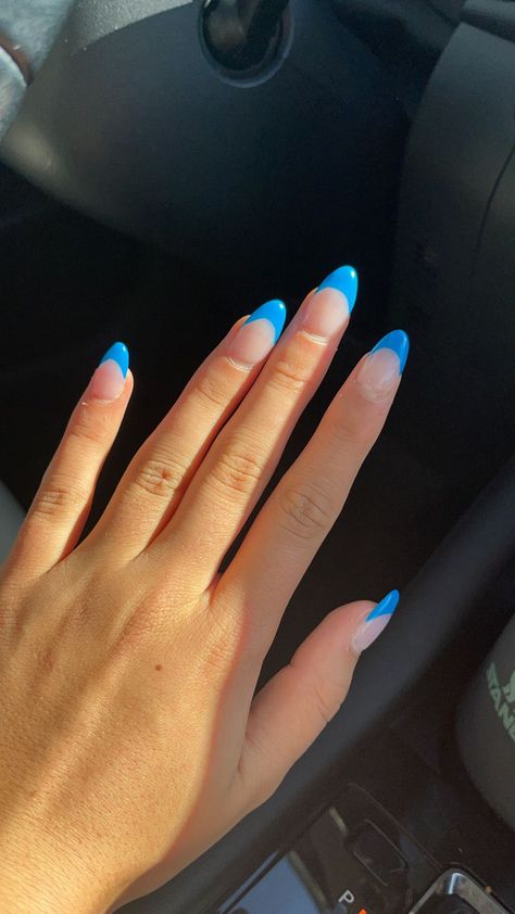 French Spring Nails, French Nails Acrylic, Nails Acrylic Ideas, Neon Blue Nails, Bright Blue Nails, Pink Tip Nails, Almond Nails French, Teen Nails, Spring Break Nails