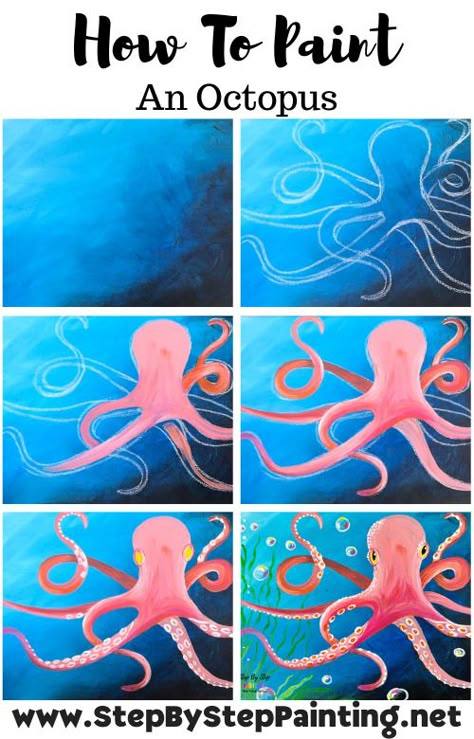 Octopus Art Project, Bathroom Art Ideas, Beginner Painting Tutorial, Easy Beginner Painting, Animal Paintings Acrylic, Octopus Painting, Beach Mural, Jellyfish Painting, Underwater Painting