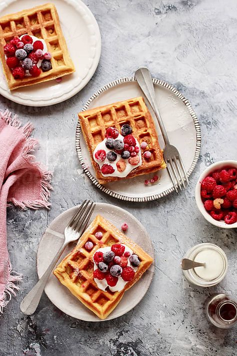 Delicious breakfast. Waffles with berries and cream Download this high-resolution stock photo by BABETT LUPANESZKU from Stocksy United. Waffles Plating Ideas, Breakfast Food Photography, Waffle Photography, Waffle Food Photography, Waffles Food Photography, Waffles And Berries, Waffles Aesthetic Instagram, Waffles Photography, Food Flatlay