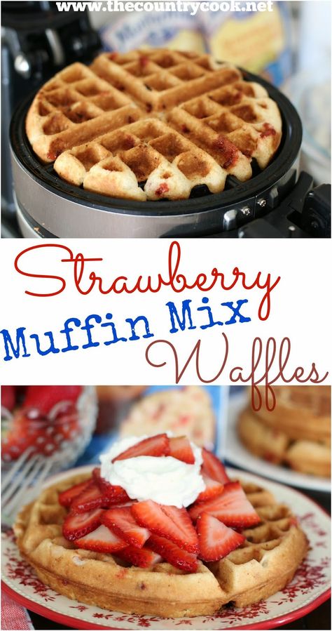 Strawberry Muffin Mix Waffles from The Country Cook. Have dessert made in literally 4 minutes with these Martha White Strawberry Muffin Mixes and some strawberries! #MarthaWhite #ad #Whatsinyourpantry Muffin Mix Waffles, Muffin Mix Recipe, Strawberry Muffin, Martha White, Waffle Iron Recipes, Waffle Maker Recipes, Waffles Easy, Strawberry Waffles, Waffles Recipe