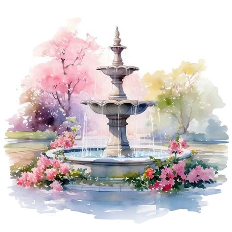 10 Garden Fountain Watercolor Clipart Graphics - Printable PNG Files Transparent Background - Journaling, Cards, Papercraft, Scrapbooking Fountain Watercolor, Flower Garden Drawing, Digital Invitations Wedding, Garden Drawing, Garden Watercolor, Garden Fountain, Garden Painting, Garden Fountains, Clipart Design