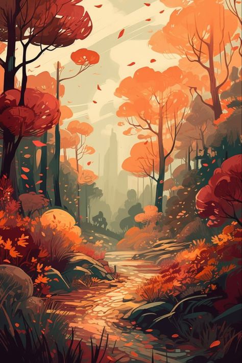 Understanding The Self Background, Fall Background Illustration, Fall Fantasy Wallpaper, Fall Digital Art Wallpaper, Autumn Wallpaper Drawing, Fall Vibes Drawings, Phone Backgrounds Orange, Fall Art Inspiration, Cute Fall Phone Wallpaper