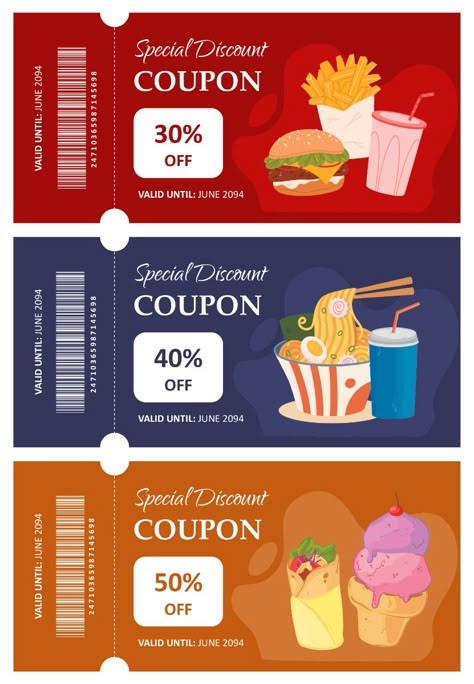 A promo food gift coupon template is a customizable design that allows businesses to create vouchers for food-related promotions, discounts, or gifts. This tool simplifies the process of offering special deals to customers by providing a ready-made format that can be easily tailored with unique details and branding. This free promo food gift coupon template can help you in making one. Coupon Design Layout, Discount Coupon Design Ideas, Food Ticket Design, Cute Coupon Template, Food Coupon Design, Food Voucher Design Ideas, Voucher Design Coupon, Gift Voucher Design Templates, Food Vouchers