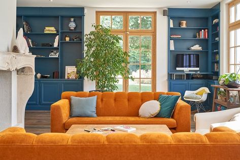 Blue And Orange Living Room, Home Ideas Kitchen, Colorful Couch, Home Drawing, Drawing Home, Orange Sofa, Living Room Orange, Transitional Living Rooms, French House