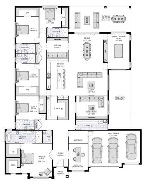 Martini – Fowler Homes Floor Plans Big House, House Layout 6 Bedroom, Big One Floor House Plans, Home Plan Design, Big Kitchen House Plans, Interesting Floor Plans, 1 Storey House Floor Plan, 4 Houses In One Compound, Big Bungalow House Design