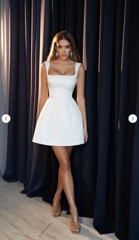 Aesthetic Wedding Reception Dress, Short White Dress Bridal Shower, Party Minimalist Outfit, Simple Wedding Dress Reception, Elegant Wedding Dress Reception, White Short Classy Dress, Graduation Outfit White Dress, Rehearsal Dinner Dress For Bride Short, Chic Graduation Dress