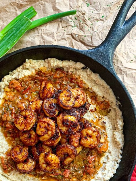 Lean And Green Shrimp And Grits, Shrimp And Cauliflower Grits, Cauliflower Grits, Creole Sauce, Parmesan Cauliflower, Healthy Brunch Recipes, Perfect Healthy Breakfast, Crispy Shrimp, Grits Recipe