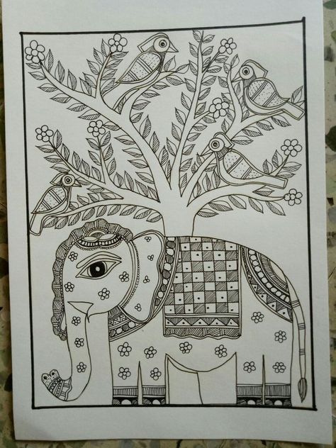 Painting is good Madhubani Painting Elephant Easy, Kalamkari Painting Easy, Madhubani Drawing, Madhubani Patterns, Madhubani Motifs, Madhubani Designs, Blouse Painting, Mud Art, Mithila Art