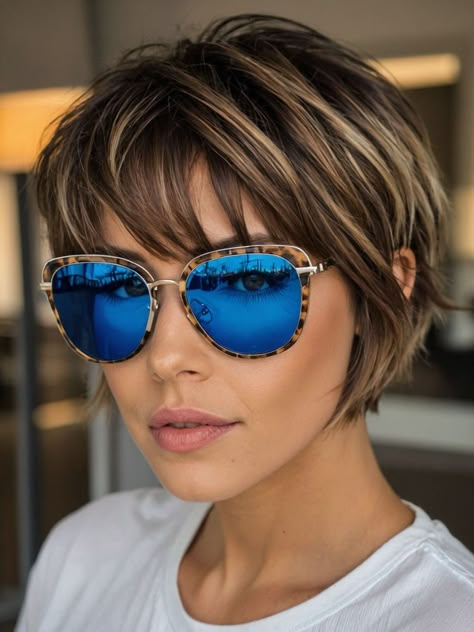 Short Shag Hairstyles Short Sharp Bob Haircut, New Short Hairstyles For Women Over 50, Brown With Caramel Highlights Short Hair, Easy Short Hair Styles For Women, Cute Short Length Hairstyles, Bangs For Short Hair Round Face, Short Bobs With Bangs For Fine Hair, Bob Haircut Tucked Behind Ears, Med Short Hair Cuts For Women