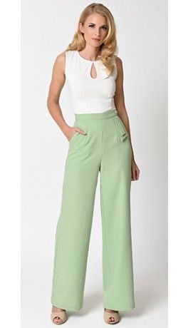 Mint Green Pants Outfit, Mint Pants Outfit, Wide Leg Pants Outfit Work, Early 1960s Fashion, Craving Ice Cream, Mint Green Pants, Mint Pants, Pants Outfit Work, Green Pants Outfit