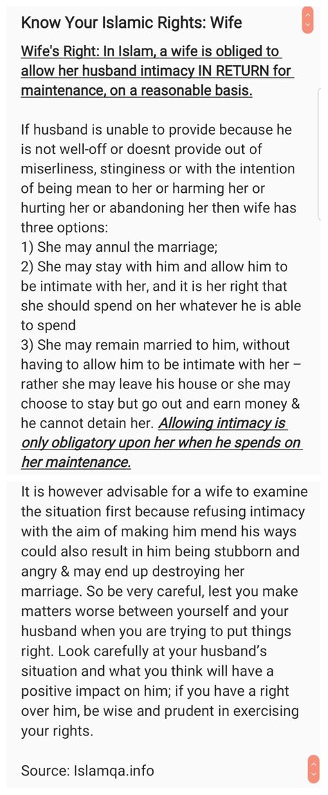 Wife's Right in Islam: To allow intimacy in return for maintenance on a reasonable basis Wife Rights In Islam, Jumah Mubarak, Islam Lesson, Islam Marriage, Perfect Wife, Islamic Quotes On Marriage, Wife Material, Healthy Marriage, Marriage And Family