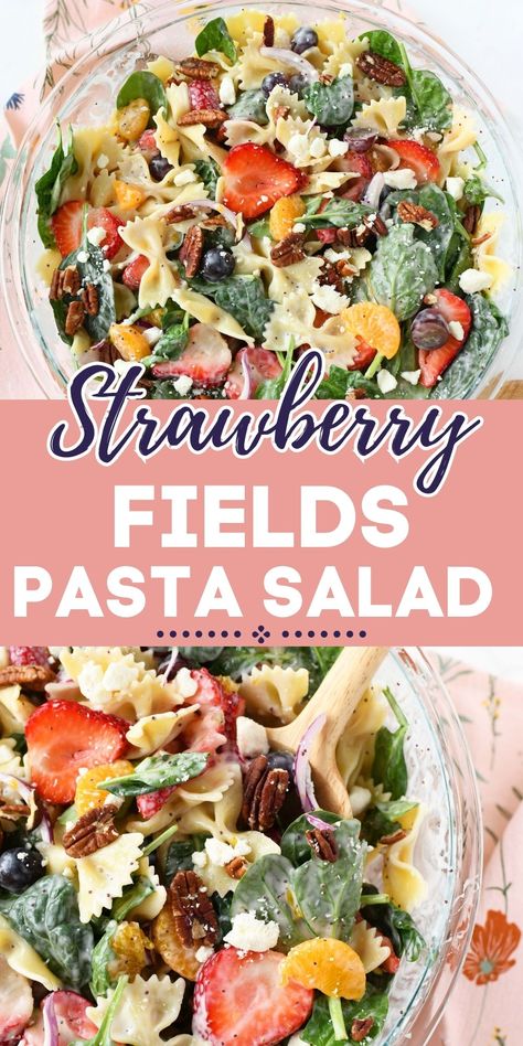 Strawberry Fields Pasta Salad. A fresh, vibrant pasta salad that is loaded with sweet and savory flavors. The salty feta cheese balances the sweet fruits. via @savvysavingcoup Cold Pasta Salads For Parties, Pasta Salad With Strawberries, Pasta Salad For Meal Prep, Cold Veggie Sides, Fruity Pasta Salad Recipes, Strawberry Pasta Salad, Red Pasta Salad, Easy Pasta Salads For Parties, Pasta Salad With Fruit Recipes